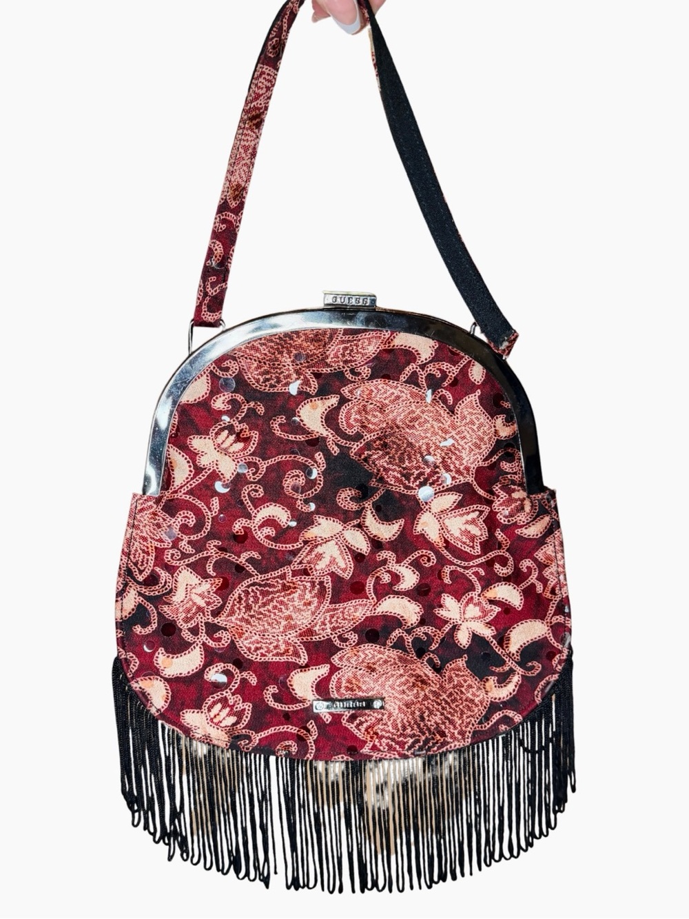 Guess Y2K paisley sequin fringe vintage clutch red & black glam evening bag